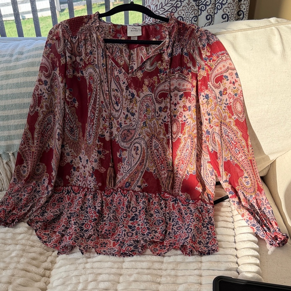 Knox Rose Red Multicolor Paisley Smocked Neck Blouse